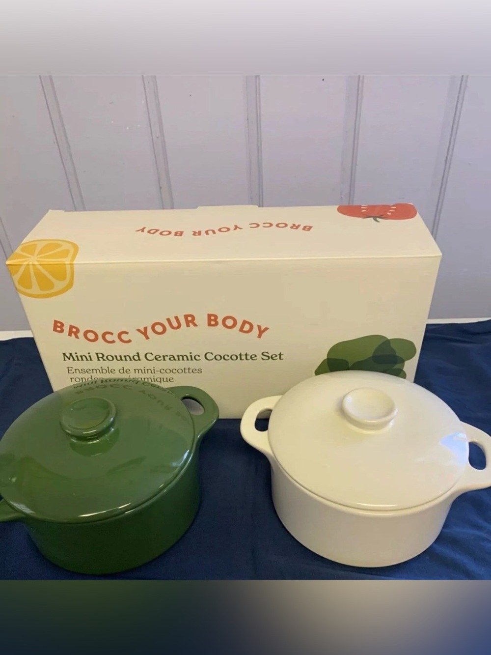 NIB Brocc Your Body Mini Round Ceramic Cocotte Set of 2